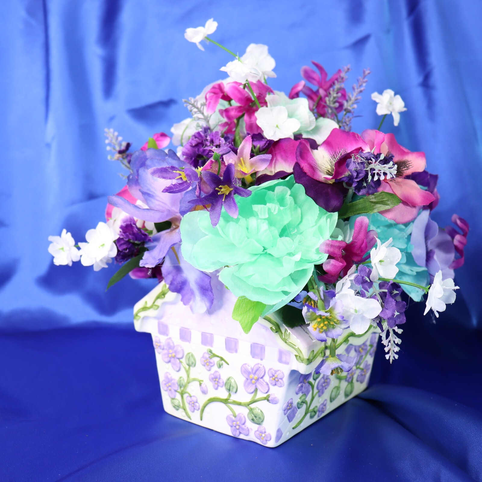 Cute Ceramic Birdhouse Flower Arrangement Purple Fuchsia Green White Blue