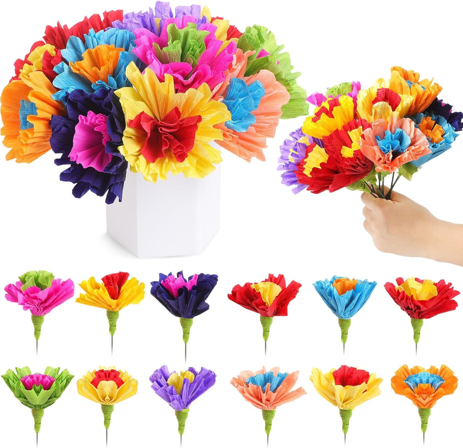 12 Pcs Mexican Artificial Rainbow Crepe Paper Flowers Bunch with Stems Mexica…