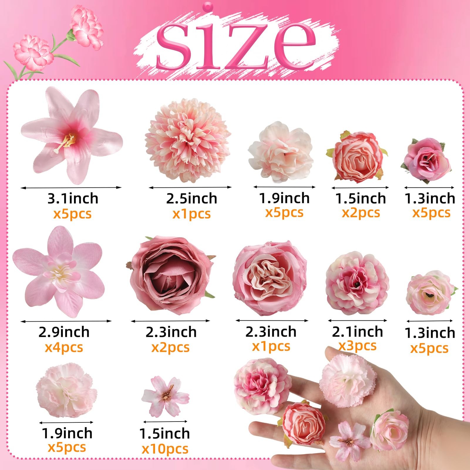 Pink 48 PCS Fake Flower Heads Silk Roses Peonies Daisies Crafts Bulk
