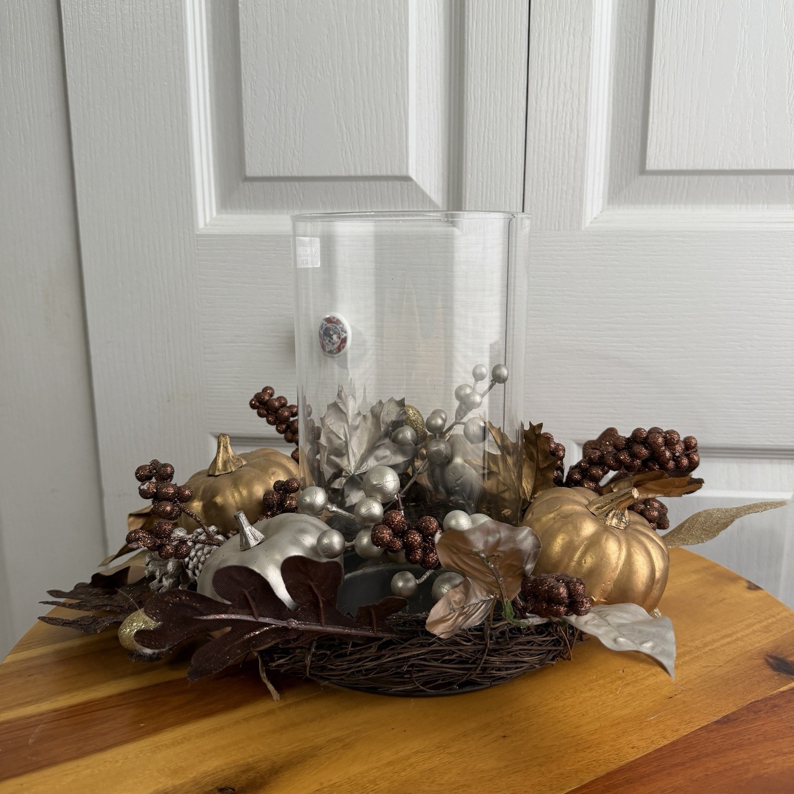 Faux Floral Pumpkin Clear Glass Vase Fall Centerpiece Thanksgiving Dining Table