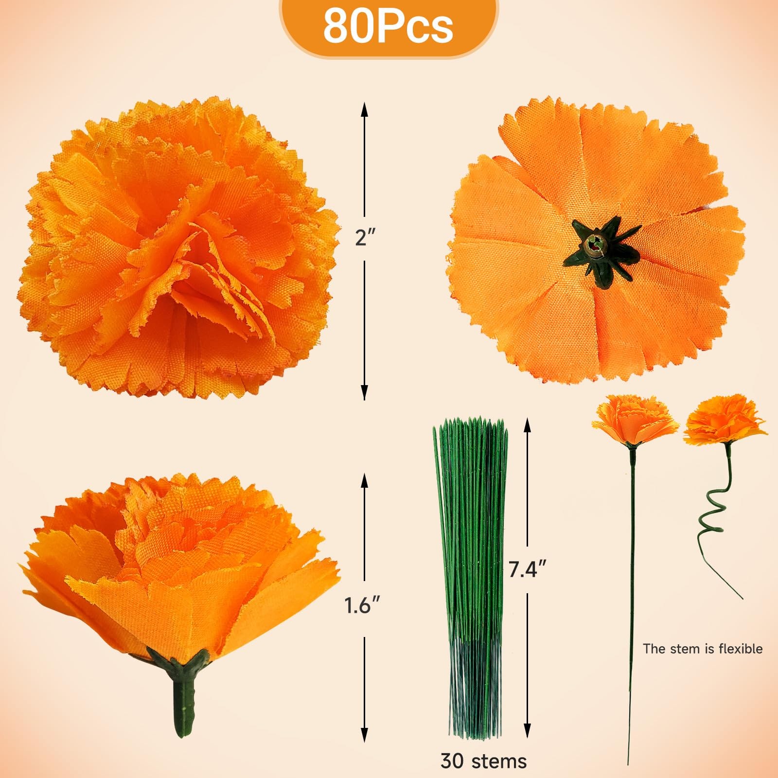 Marigold Flowers Artificial – 80 Premium Silk Flower Heads with 30 Stems for …