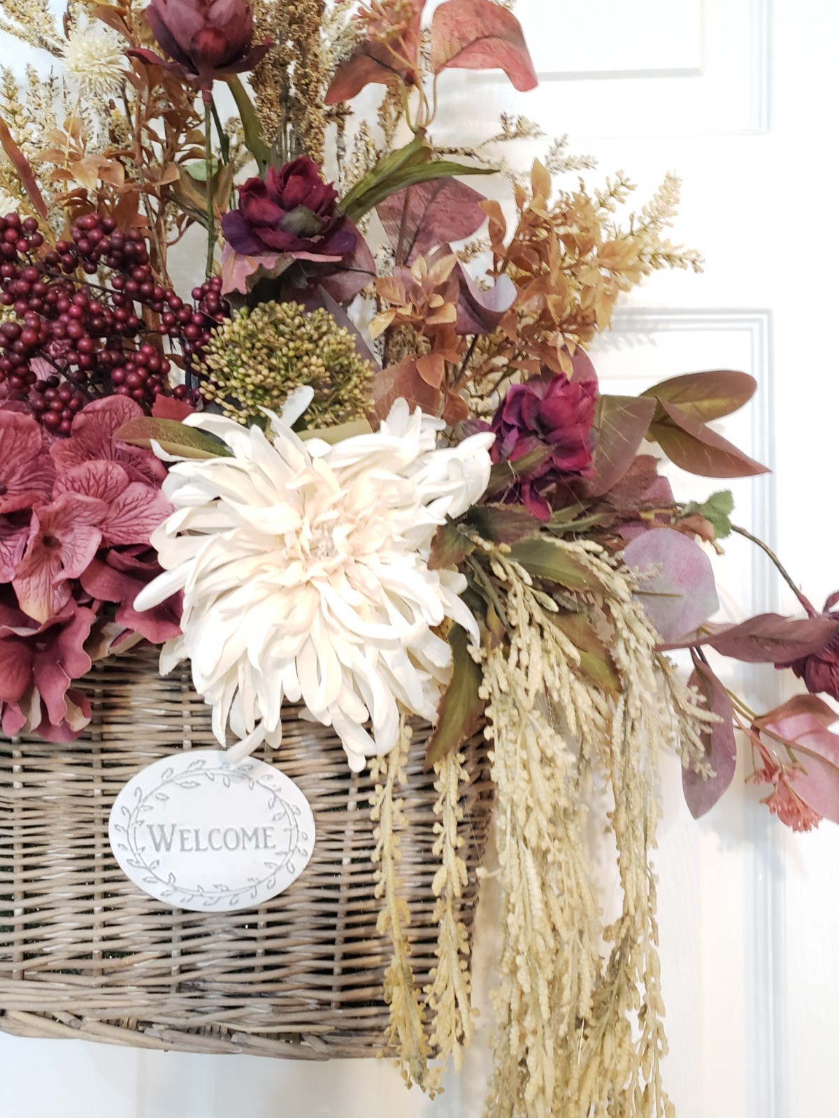 24″ Fall Wicker Wall Basket, Burgundy Cream Silk Floral Arrangement Autumn Porch