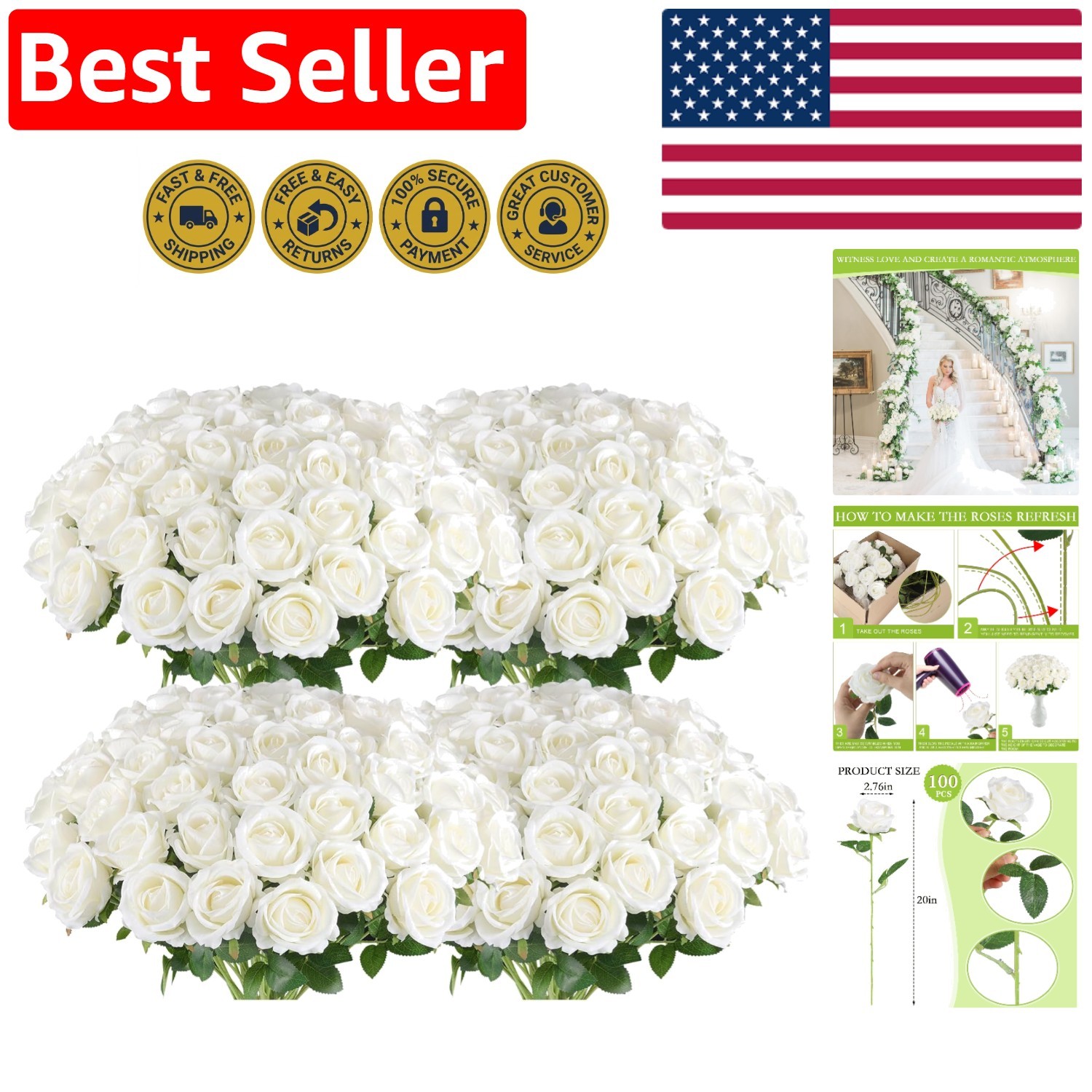 100 Pcs White Velvet Silk Artificial Roses – Realistic Wedding Decor Blooms