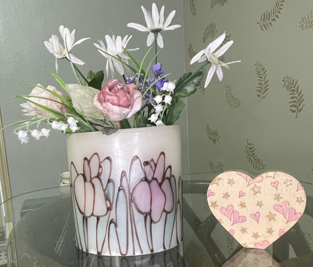 2-Piece Pretty Silk Flower in Wax Vase w/Nice Painted Wooden Heart