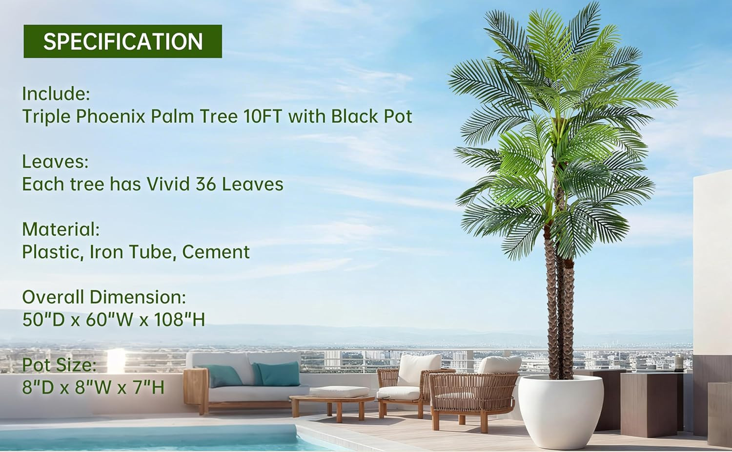 10Ft Artificial Triple Phoenix Palm Tree – Realistic Faux Plant for Home Decor