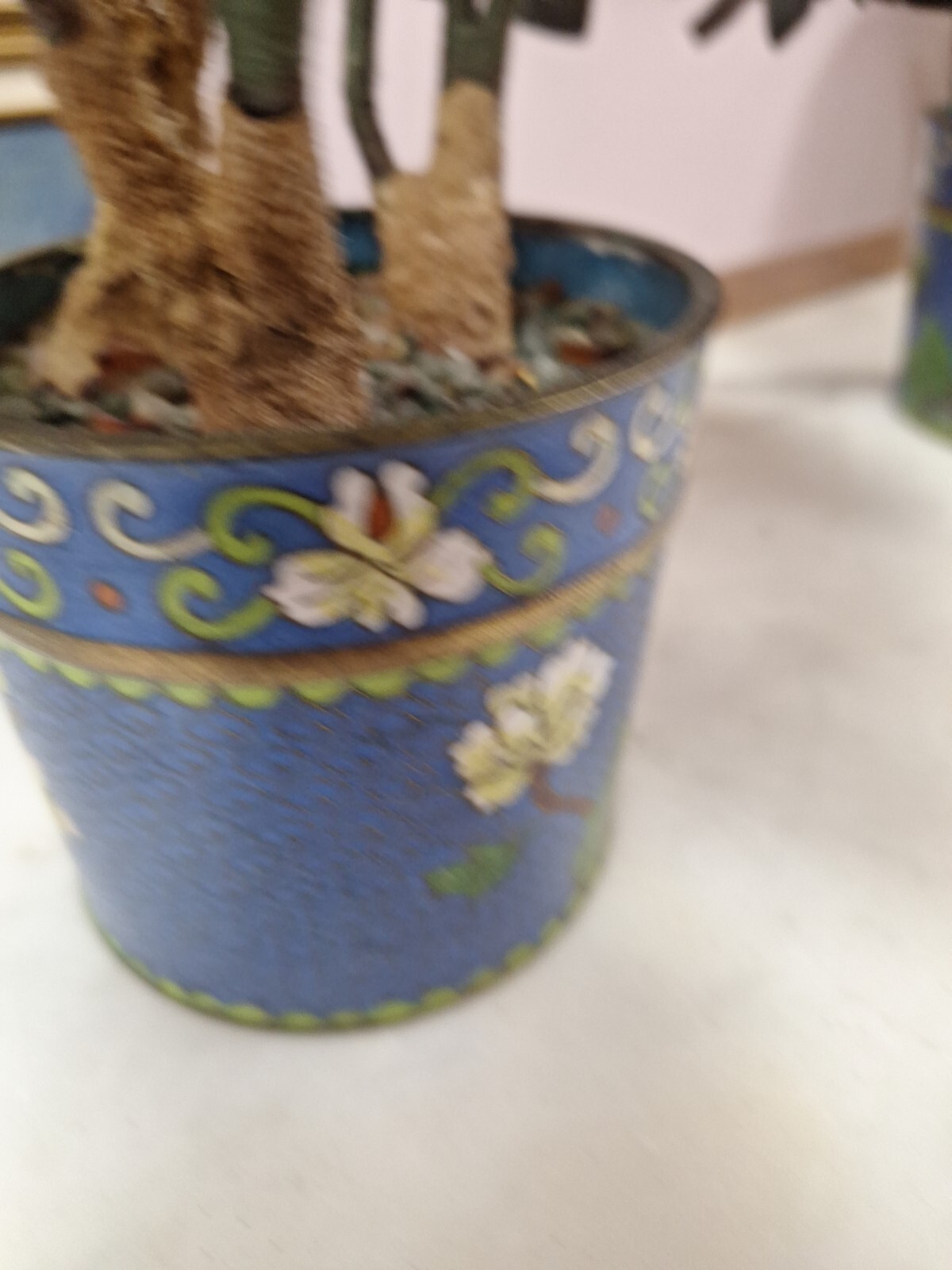 2 Hand Painted Japanese Flower Pots With Artificial Flowers With Jade 3.5″ Diam