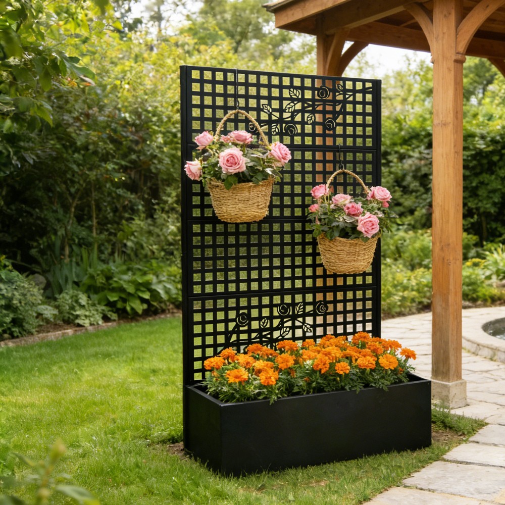 Metal Raised Garden Bed With Trellis, Black Planter Box For Backyard Patio
