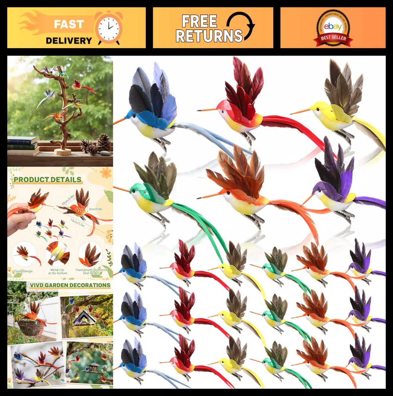 24 Artificial Hummingbirds – 3.9″ Foam Feather Clip-On Decor for Crafts & Weddin