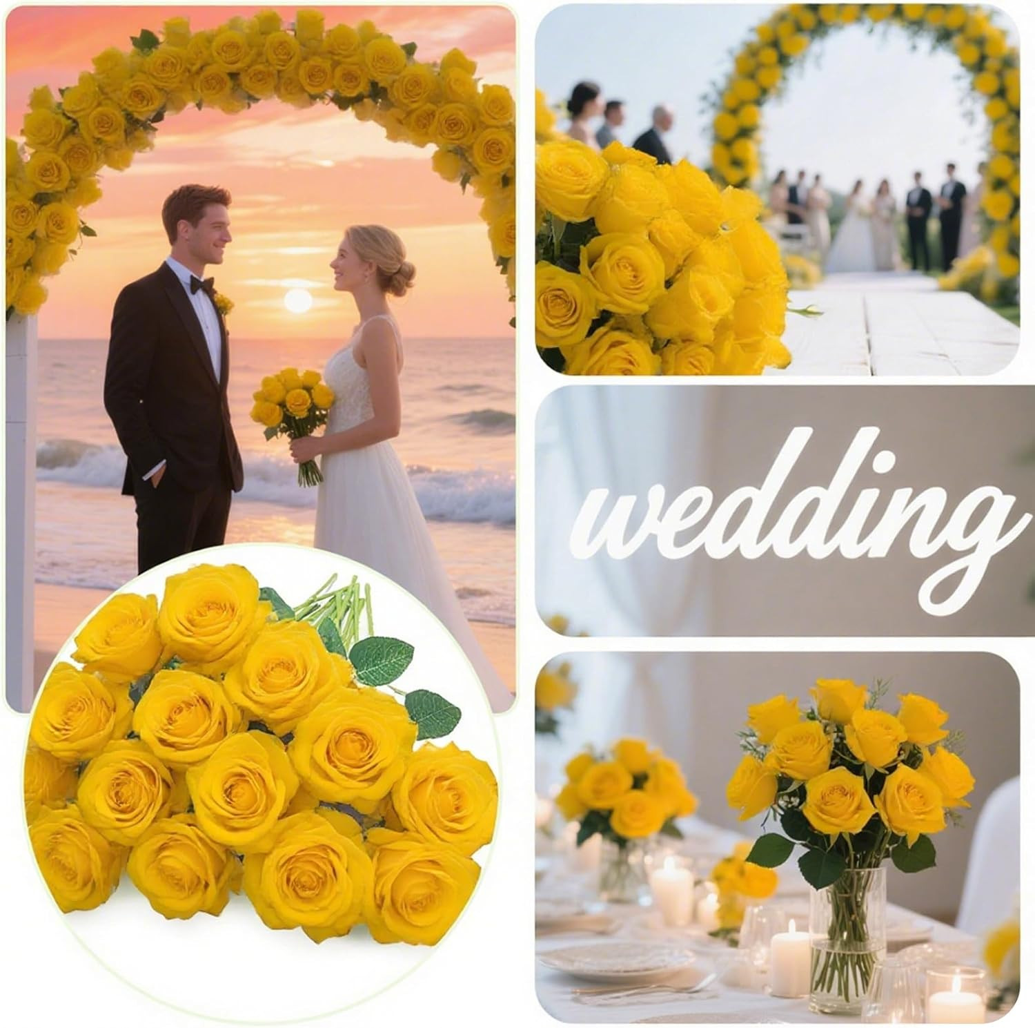 Yellow Roses Artificial Flowers 15 PCS, Fake Roses Silk Flowers with Long Stems