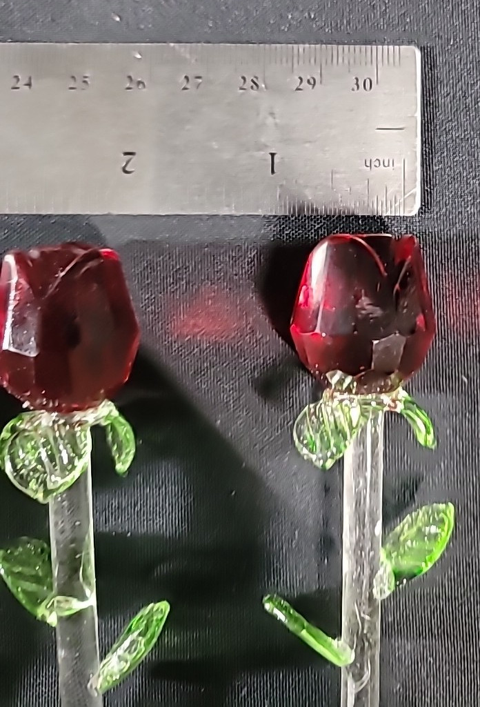 Lot of 6 Crystal Glass Red Rose Clear Green Stem 8” One Broken Piece 4 Repair
