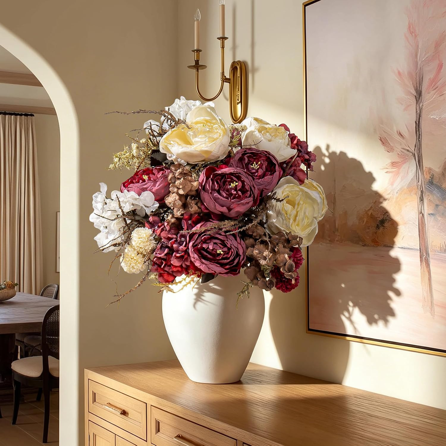 2 Packs Silk Peonies Bouquets – 23 Stems Ivory & Burgundy for Home Decor