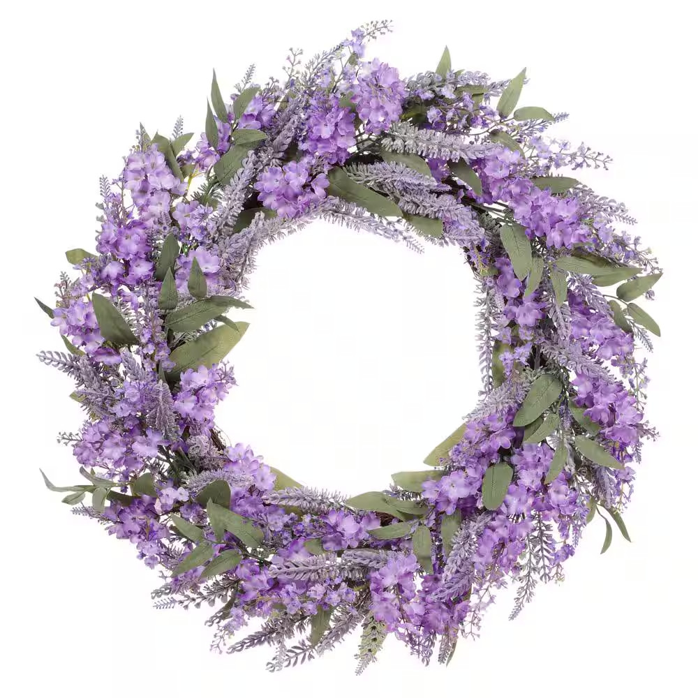 30 In. Artificial Lavender Floral Spring Wreath with Green Leaves