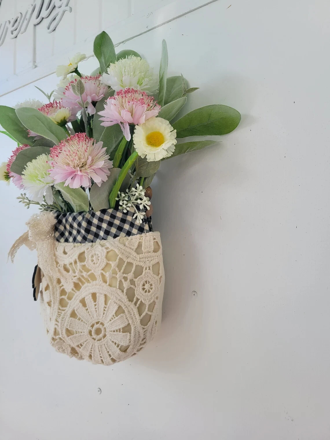 Upcycled Lace Purse, Boho Cottage Core Country Door Wall Floral Decor for Summer