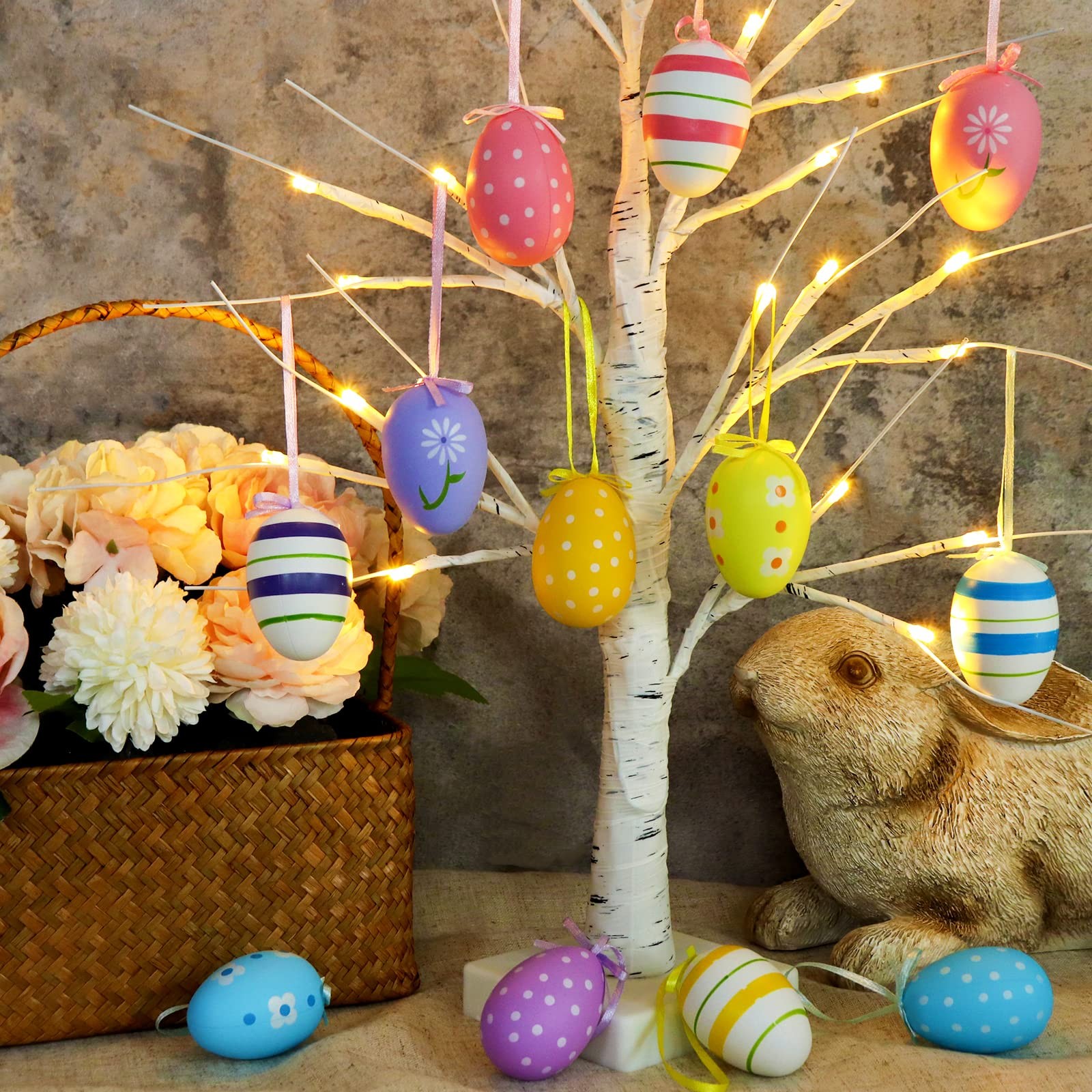 23.2″ Lighted Birch Tree with 12pcs Colored Egg Tree Ornaments, Easter Table Dec