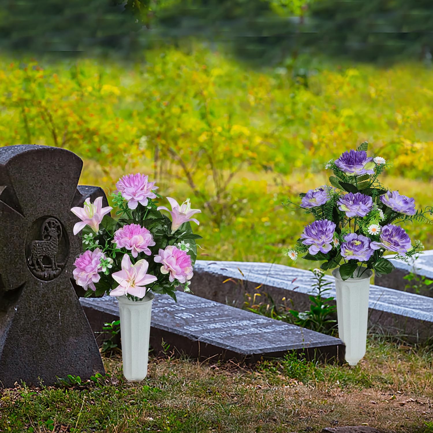 Artificial Cemetery Flowers, Artificial Grave Memorial Flowers with Vase for …