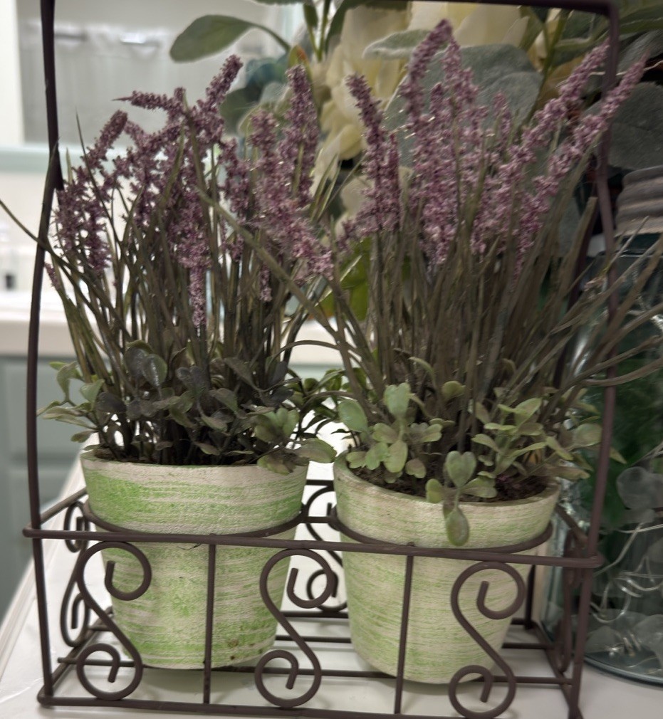 Farmhouse 9” Lavender Plants With Greenery In Pots With Rustic Metal Stand