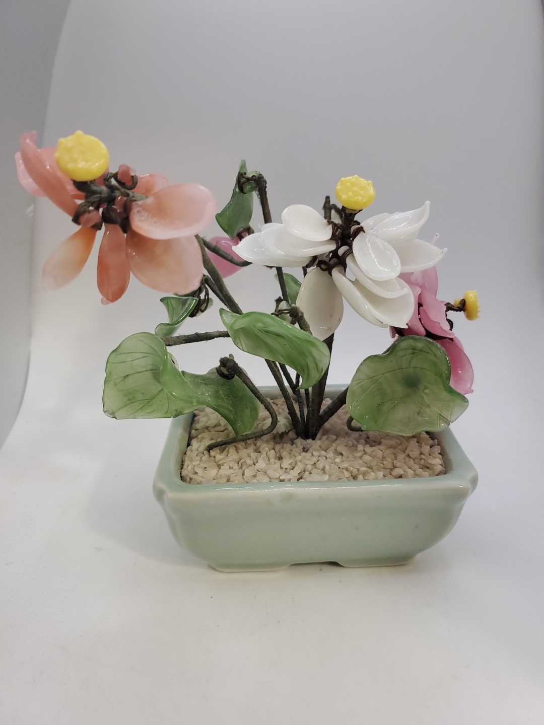 Vintage Glass & Jade Pink Flower Arrangement ~ Set Of 2