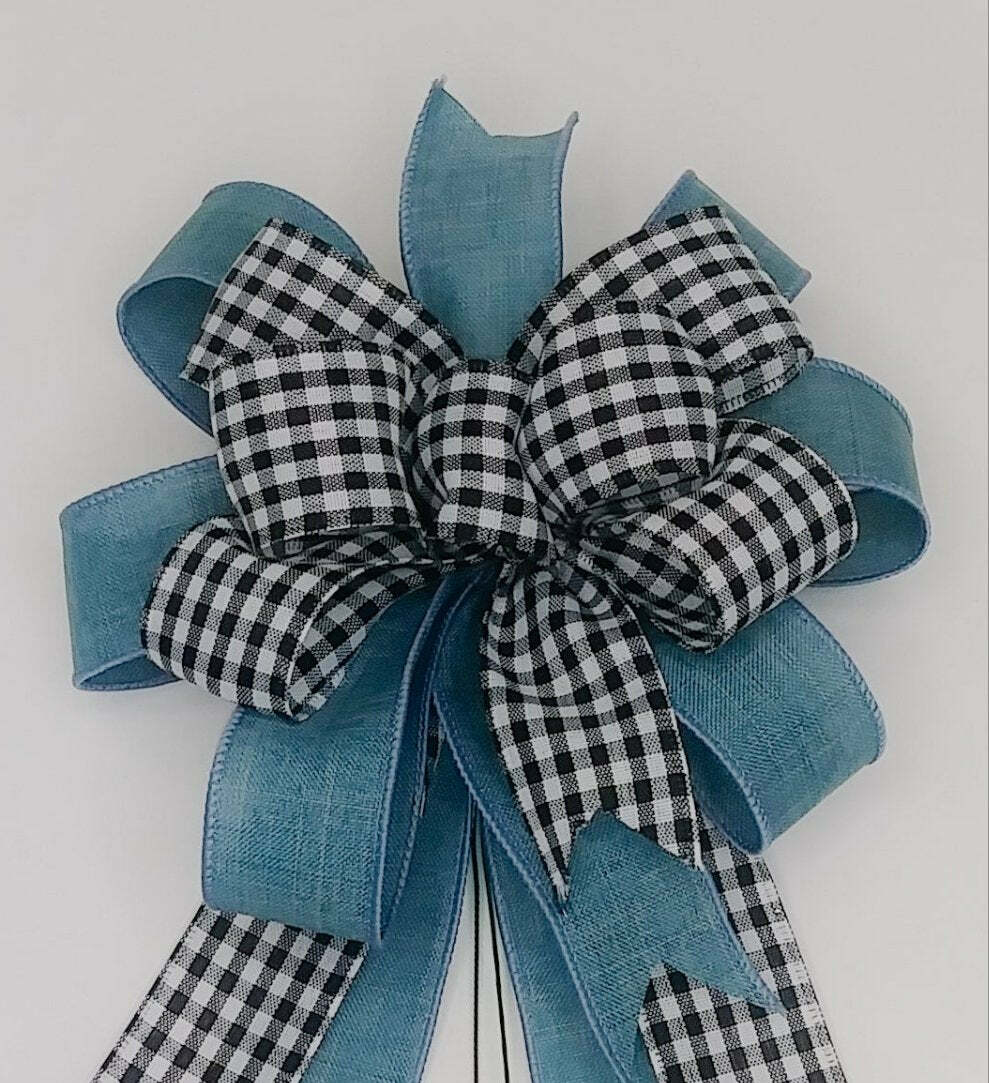 Wreath Bow, Denim Blue Linen, Black and White Gingham Check