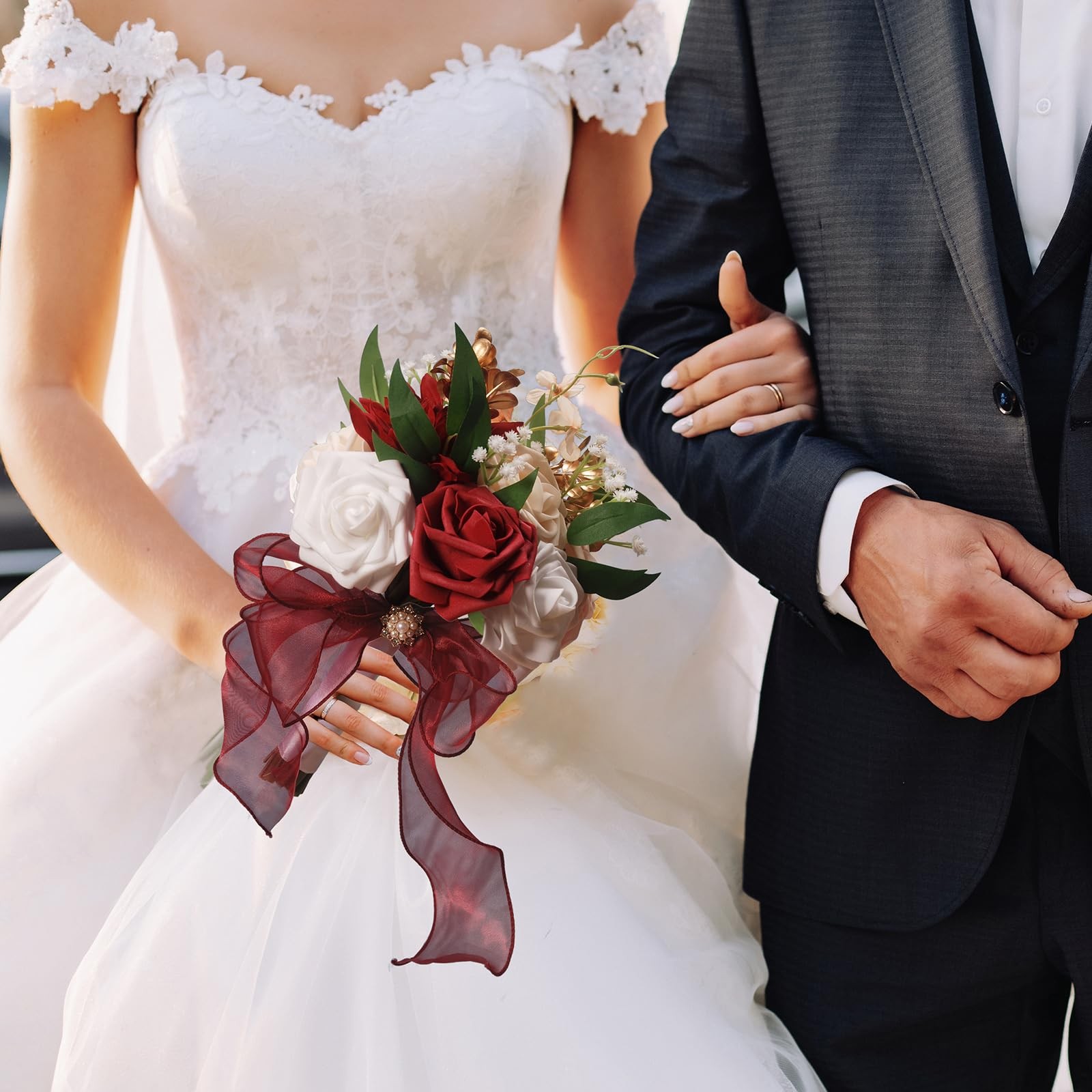 Burgundy White Silk Ribbon Artificial Toss Rose Wedding Bridesmaid Bouquet