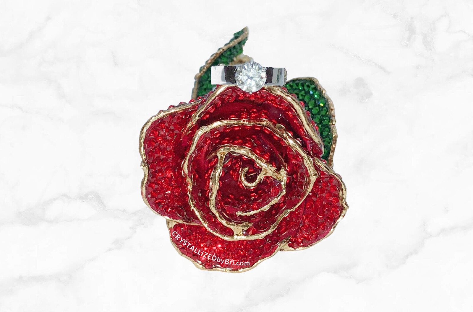 Bling Preserved Rose AUSTRIAN CRYSTAL Red Bedazzled Real Gold Trim Dipped Custom
