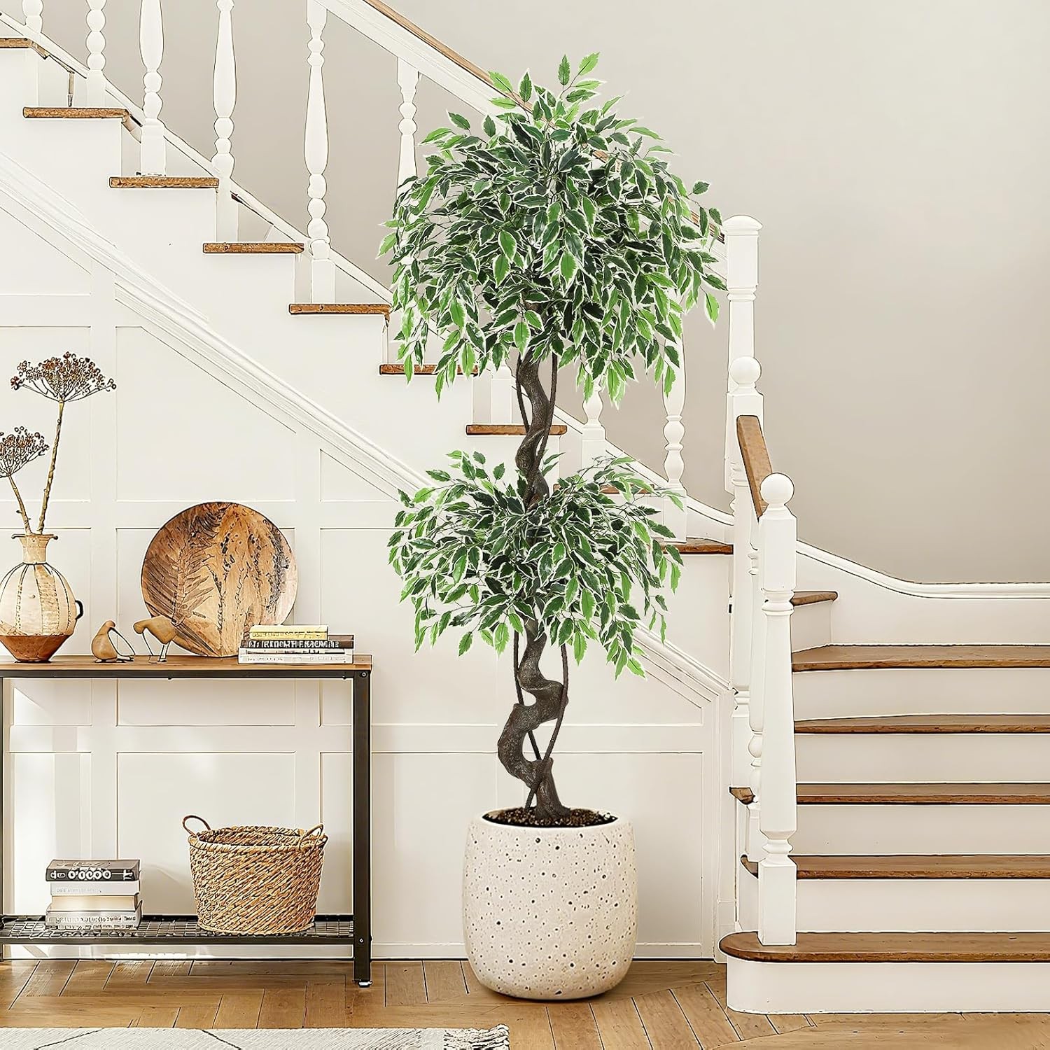 5ft Artificial Ficus Tree, Tall Fake Plants Indoor with White Planter & Pebbles