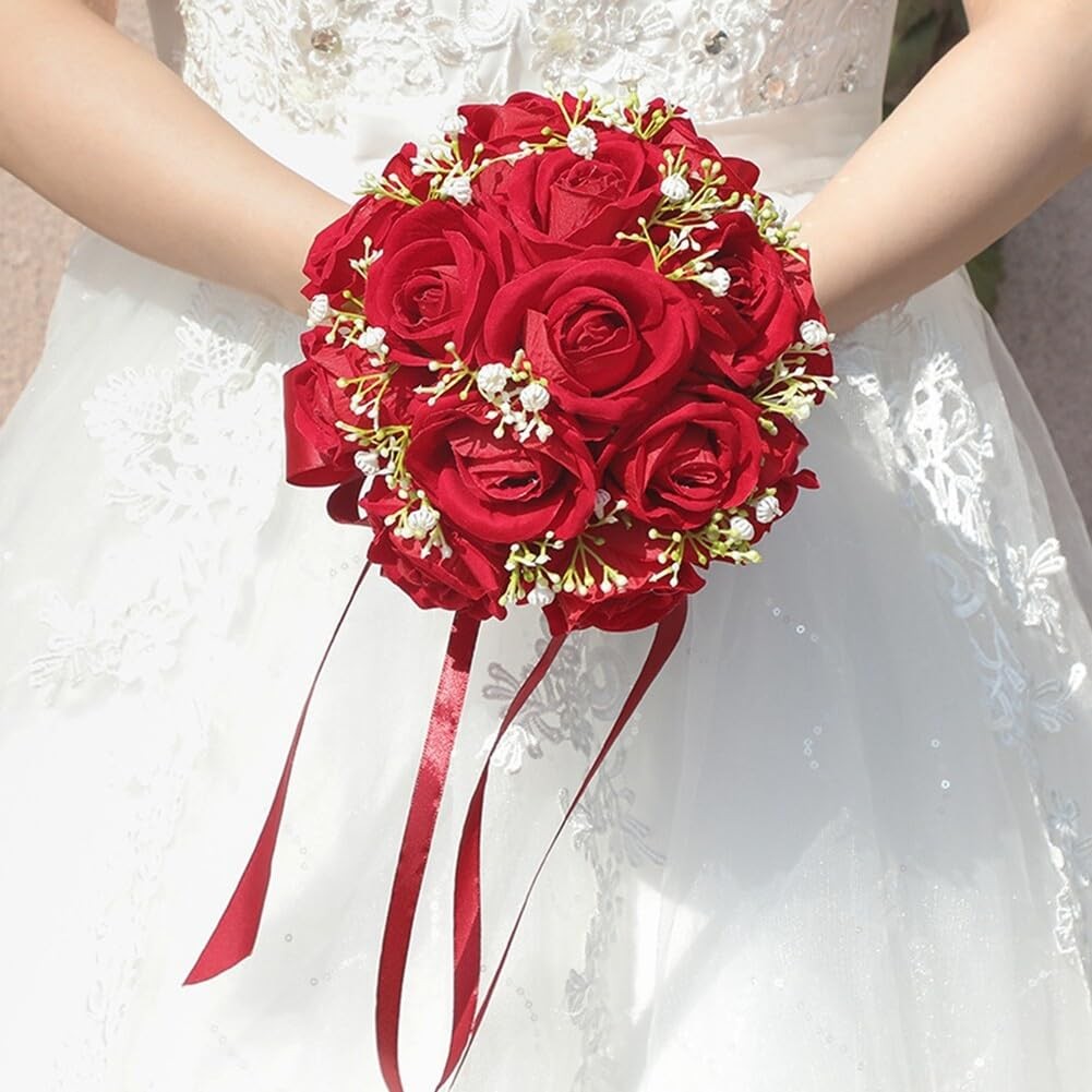Red Rose Bouquet Bride Artificial Silk HandHeld Wedding Party Decor