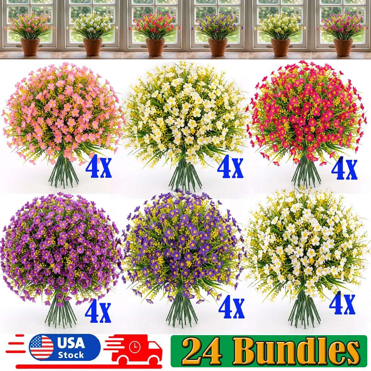 24 Bundles Artificial Silk Flowers for Outdoors, Fake Plants Faux Greenery US