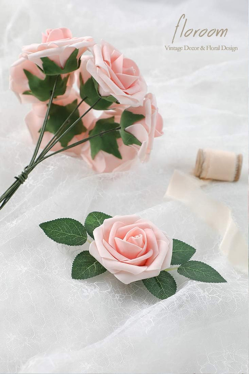 Artificial Flowers 25Pcs Real Looking Blush Heirloom Foam Fake Roses with Stems