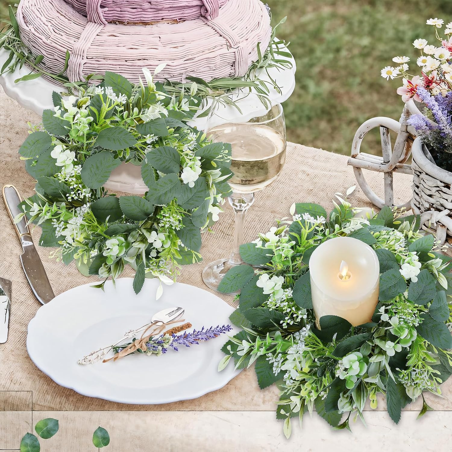6 Pcs Artificial Eucalyptus Candle Rings Wreaths | 9 Inch Small Eucalyptus Wreat