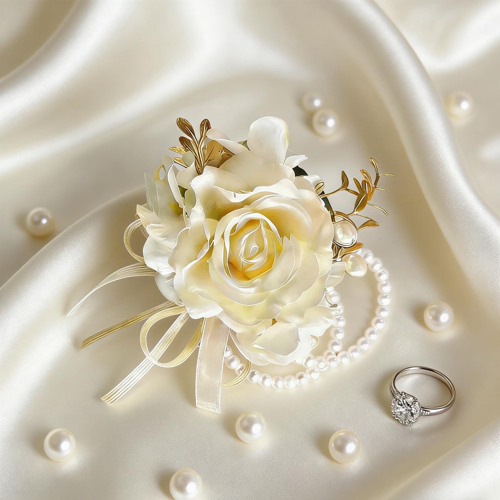 Champagne Wedding Corsage and Boutonniere Set – Silk Flower Wrist Corsage Bra…