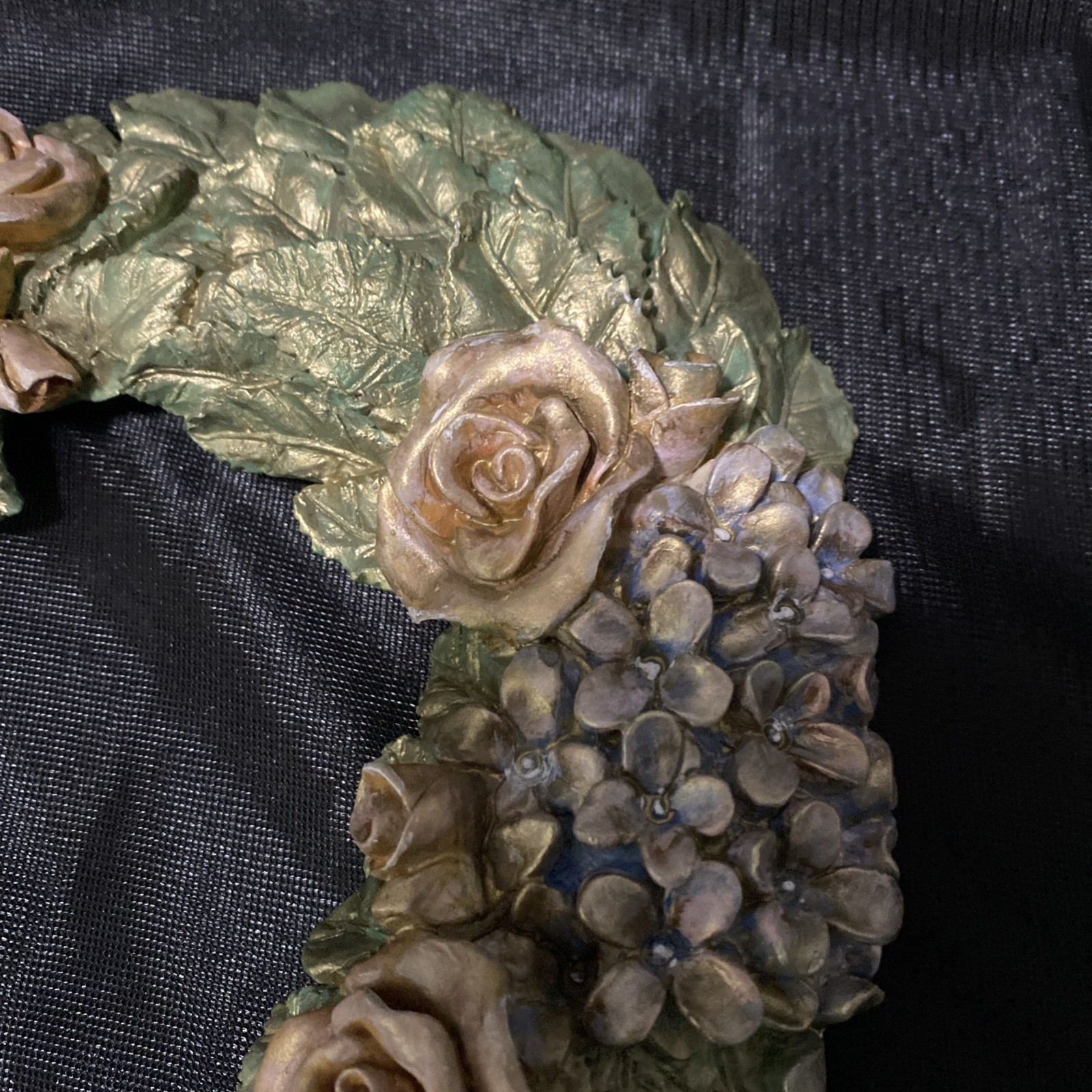 Vintage Resin Rose and Hydrangea Heart Wreath Custom Soft Muted Pastels, Guilted