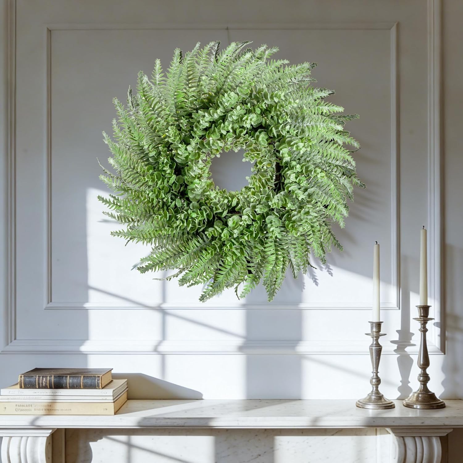 26” Eucalyptus and Boston Ferns Wreath for Front Door – Artificial Eucalyptu…