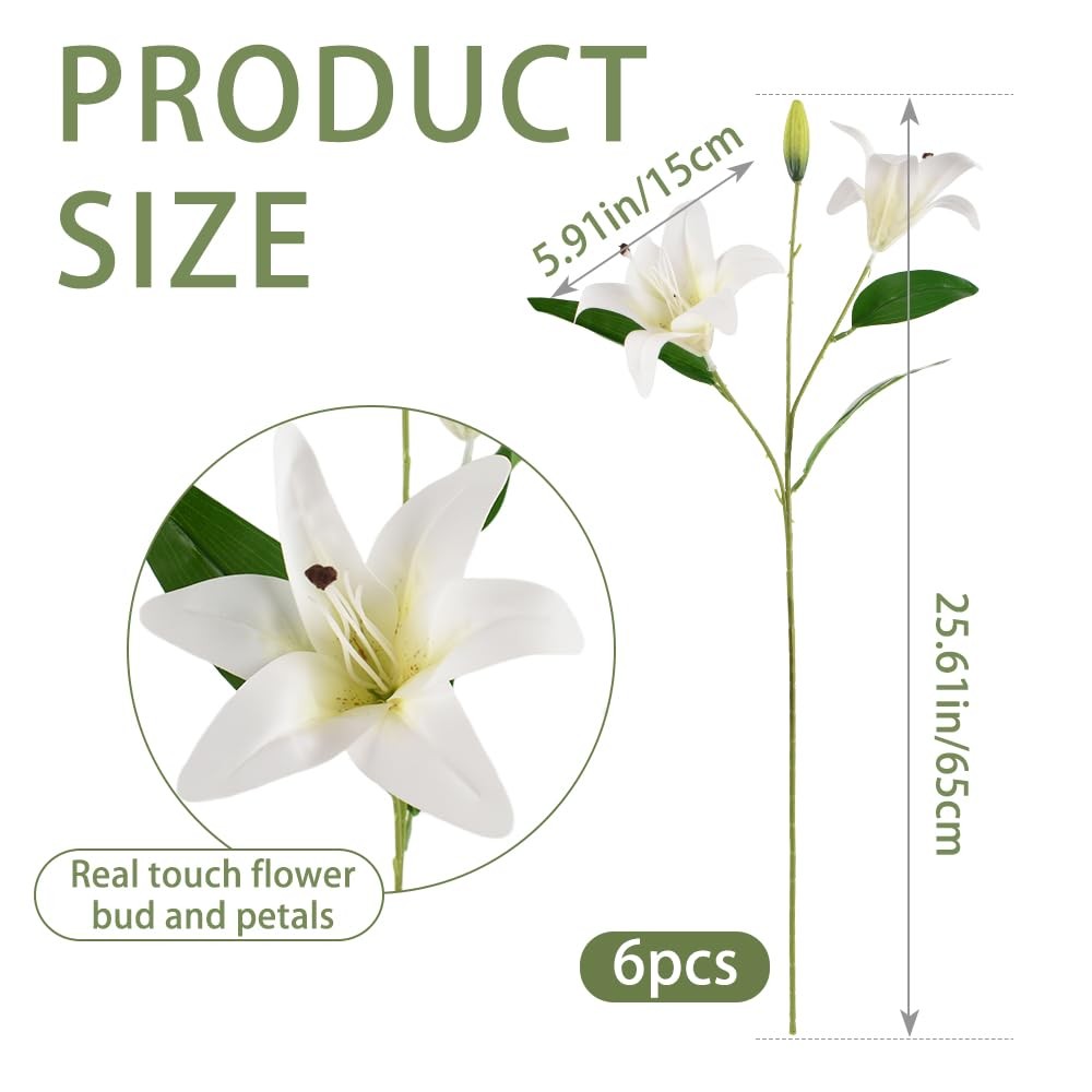 6pcs Artificial Lily Flowers 25.6″ Fake Tiger Lily Flower White Real Touch Br…