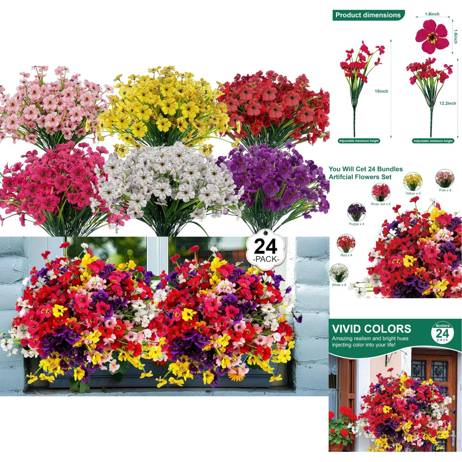 24 Pcs UV Resistant Artificial Outdoor Flowers Faux Plastic Plants Mixed 6 Color