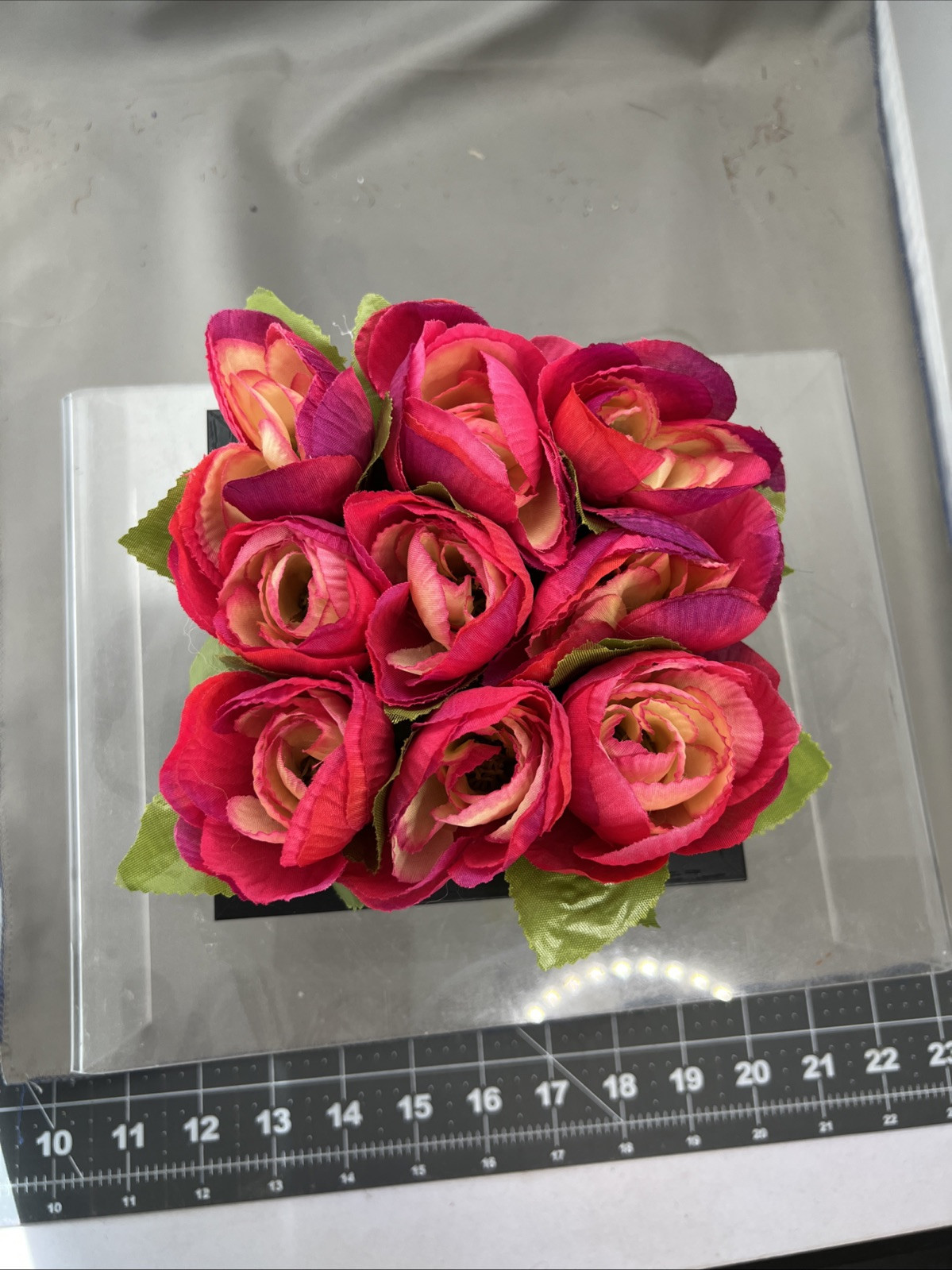 Pink Red Faux Silk Ranunculus Buttercup 9 Flower Box Table Centerpiece 6” Square