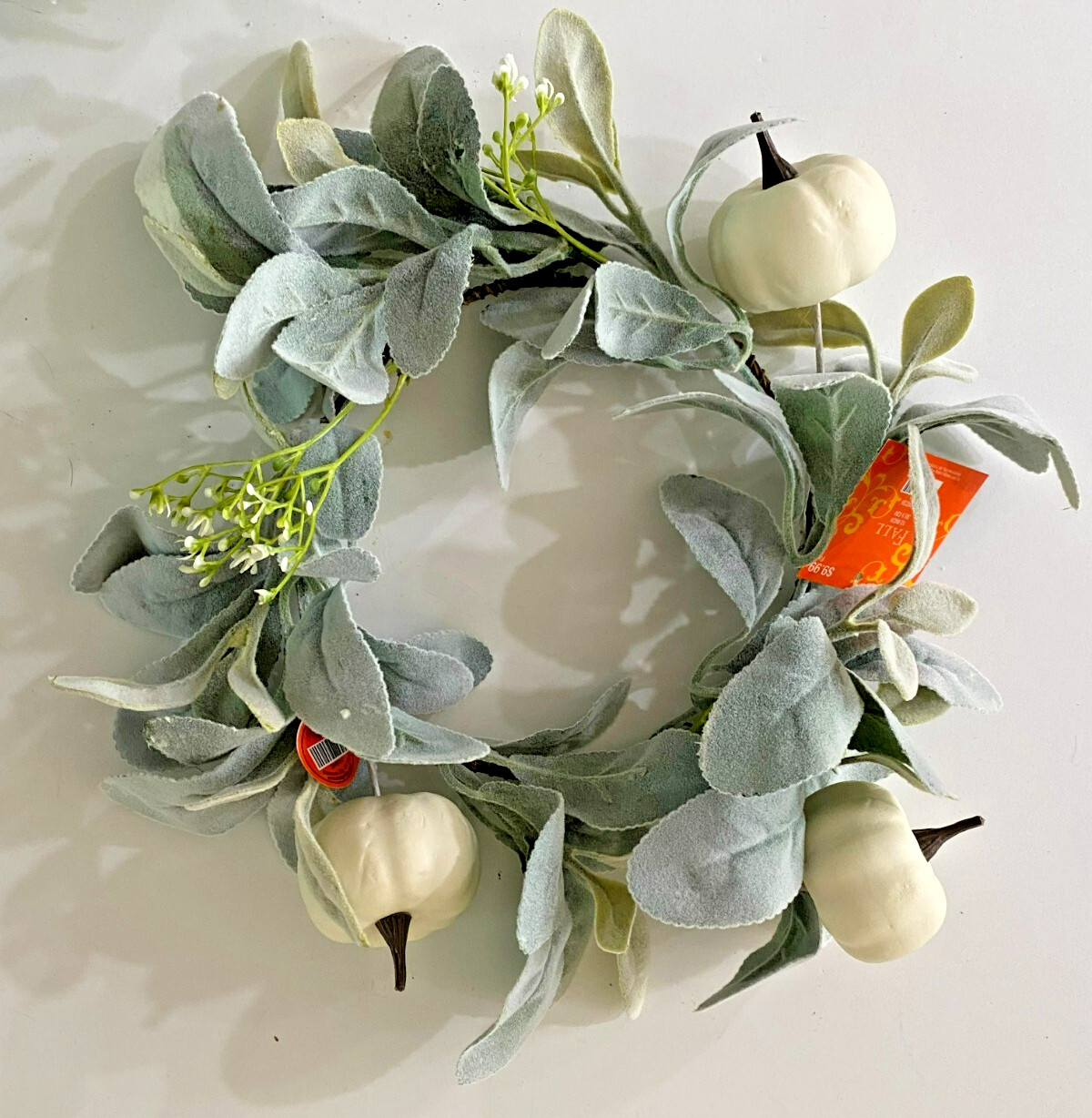 NEW 12″ FALL LAMBS EAR WREATH WITH WHITE PUMPKINS FREE SHIP
