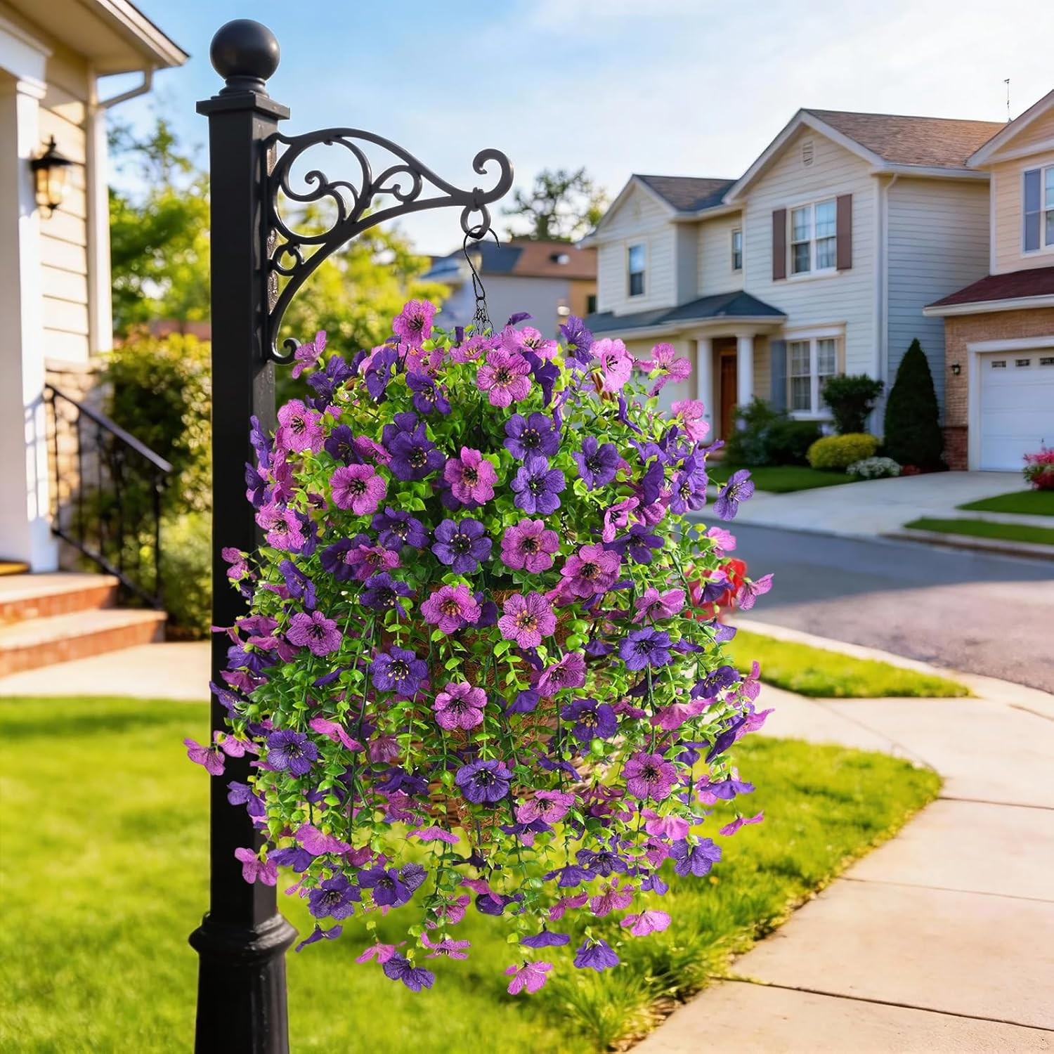 INQCMY Artificial Hanging Flowers with Basket for Spring Outdoor Decoration 3 Bu