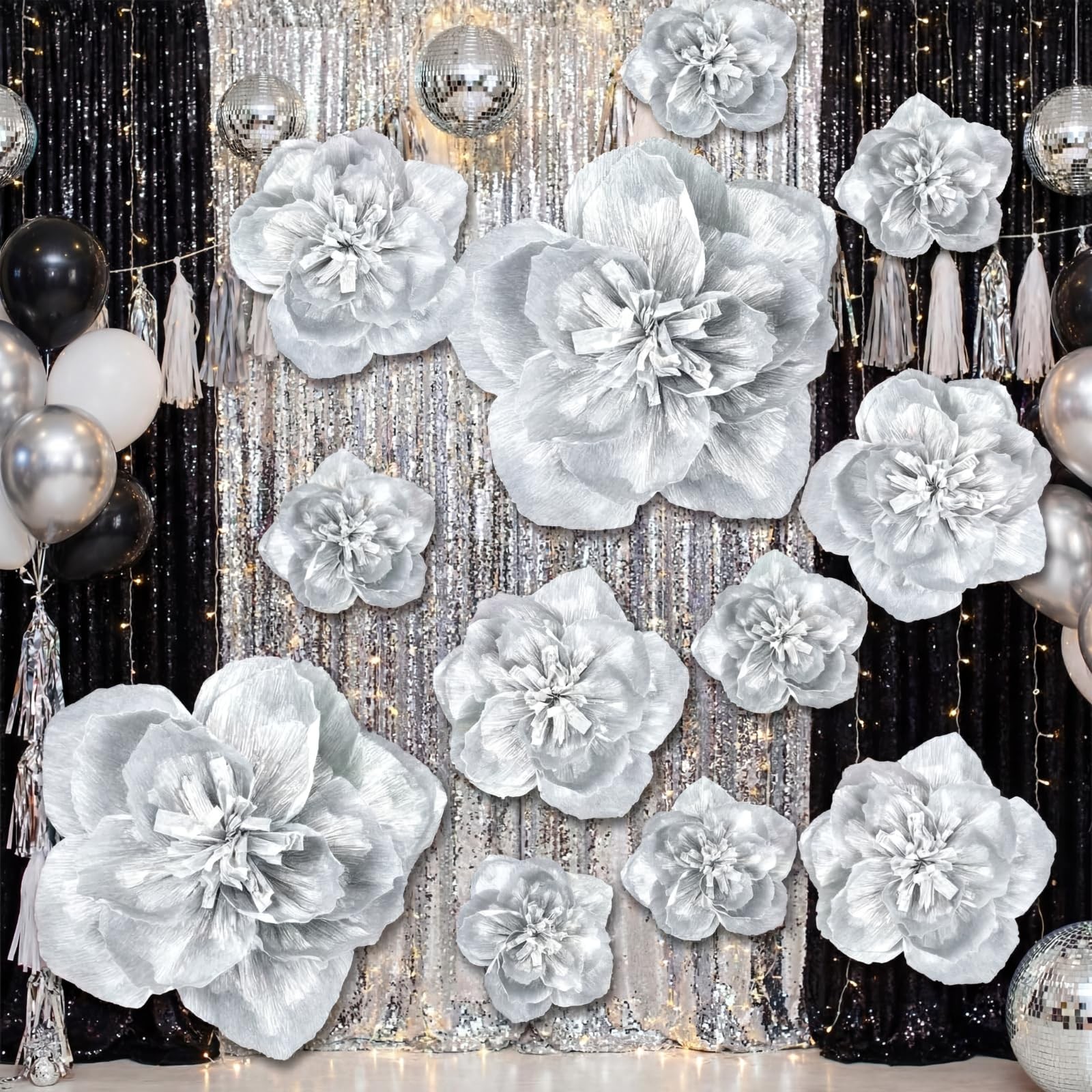 Giant Artificial Paper Flowers Wall Backdrop Decoration Silver 12 PCS Set