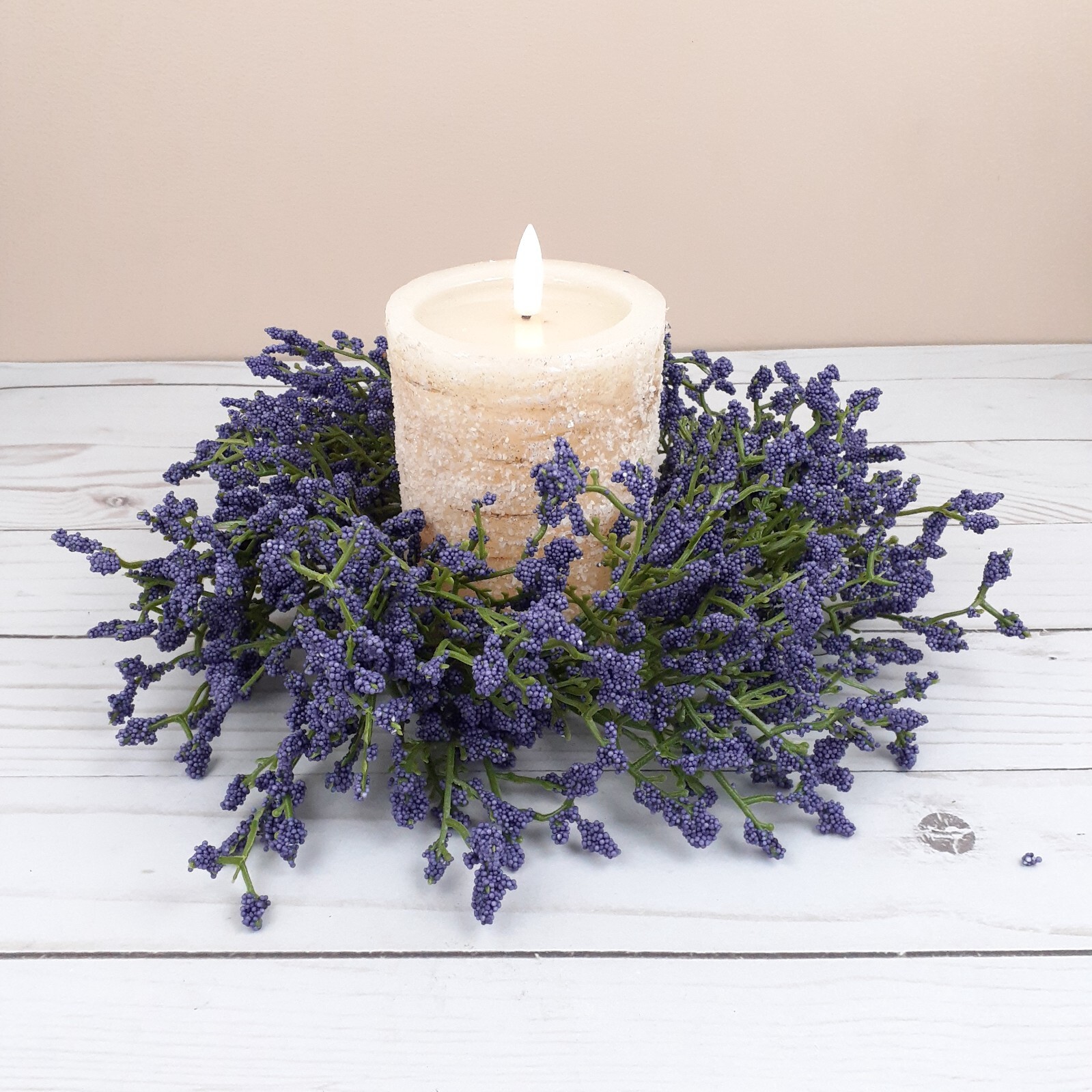 Floral Candle Ring Purple Array Astilbe Flowers 3 in Inside Ring 10 in Overall