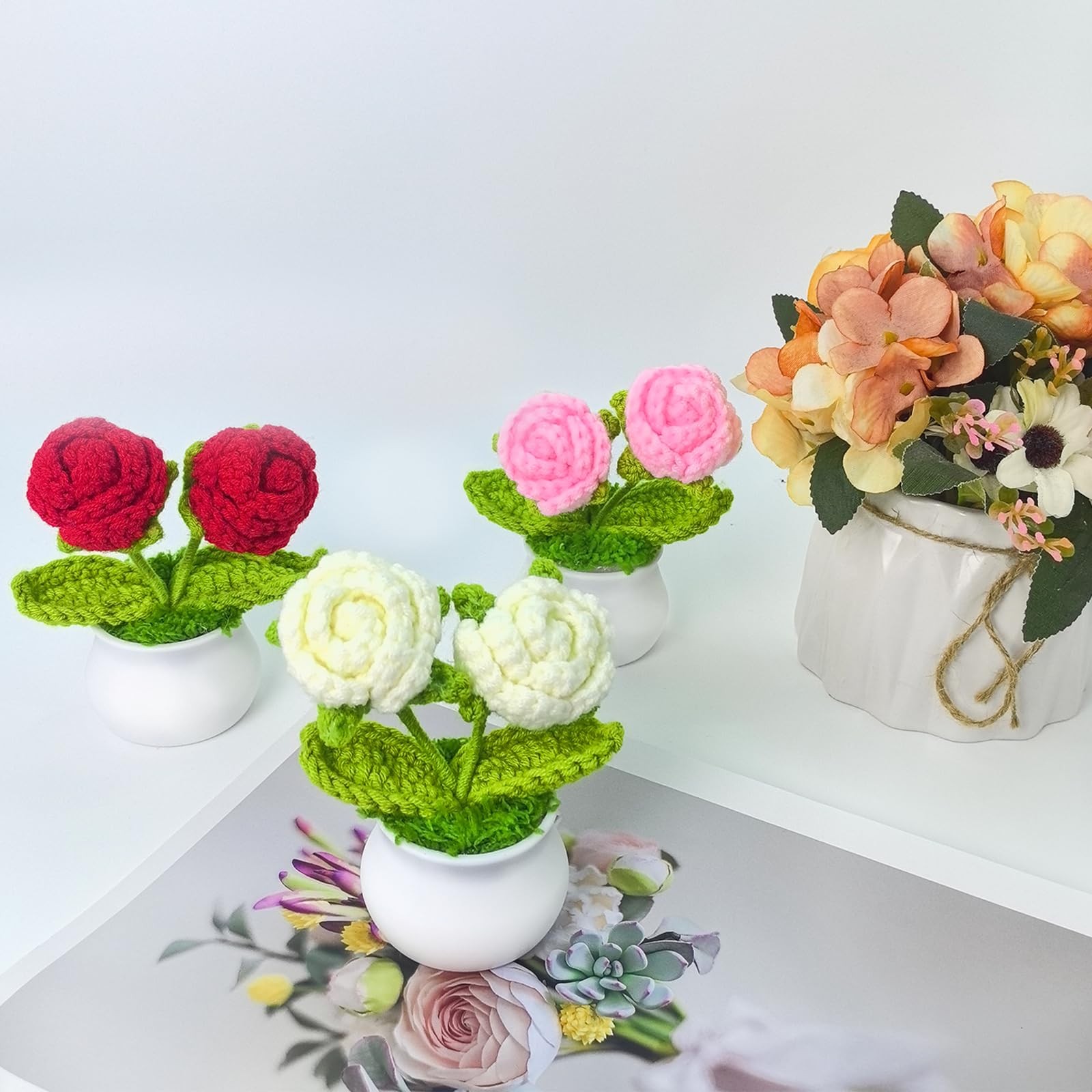 Crochet Flowers Artificial Sunflower 3 PCS Small Potted Plants 2 Heads Roses