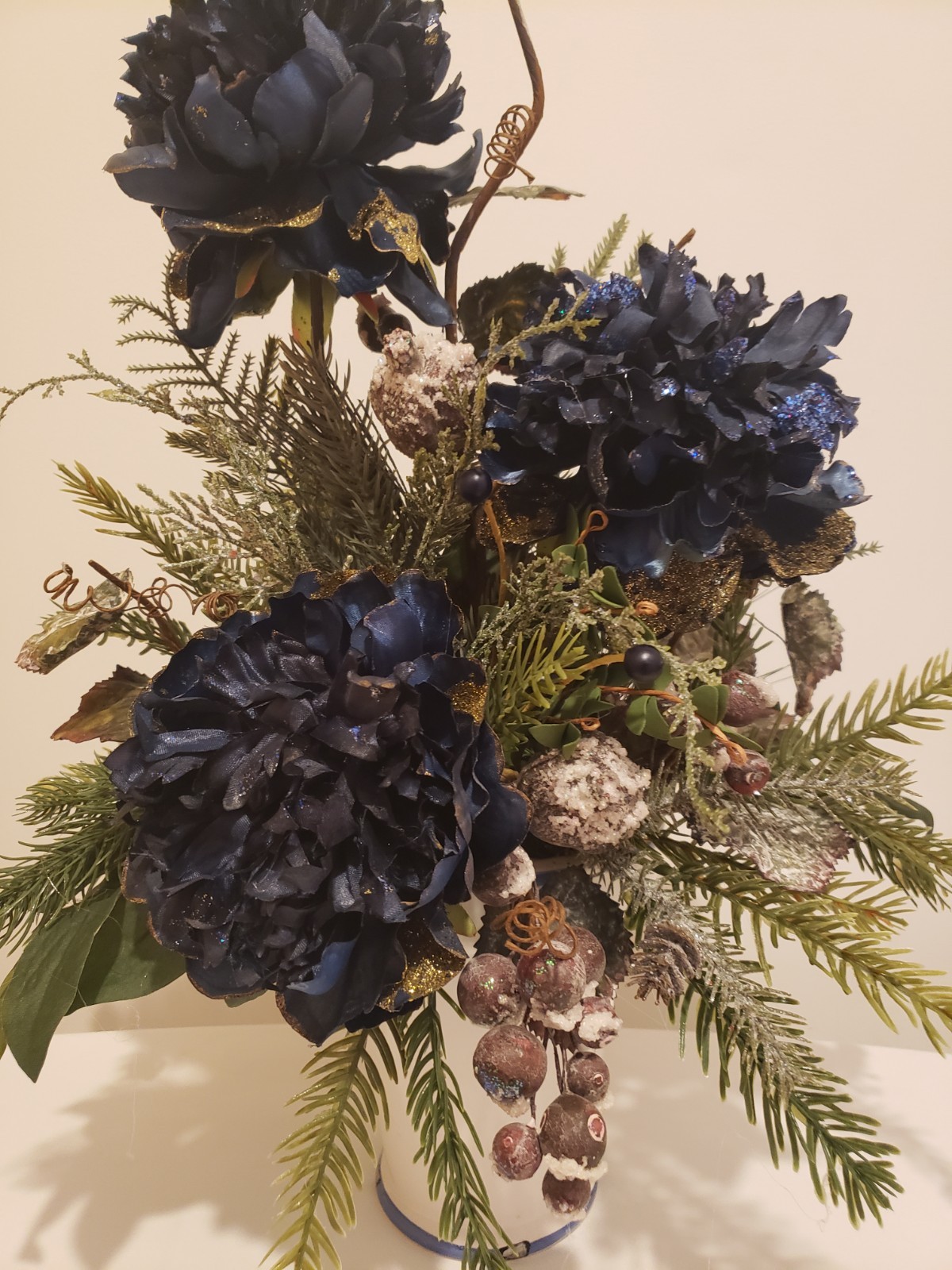 Navy Blue Winter Floral Arrangement, Elegant Christmas Flower Arrangement
