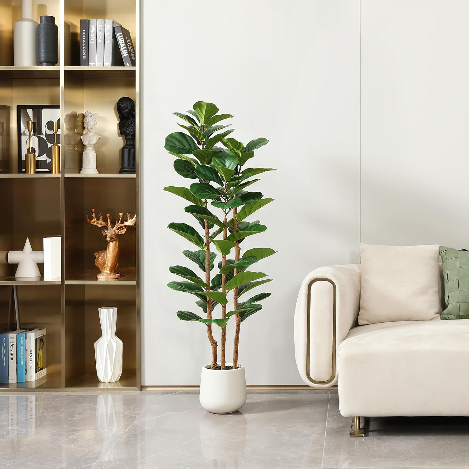 Artificial Fiddle Leaf Fig Tree with White Planter,5Ft Tall Fake Tree with Natur