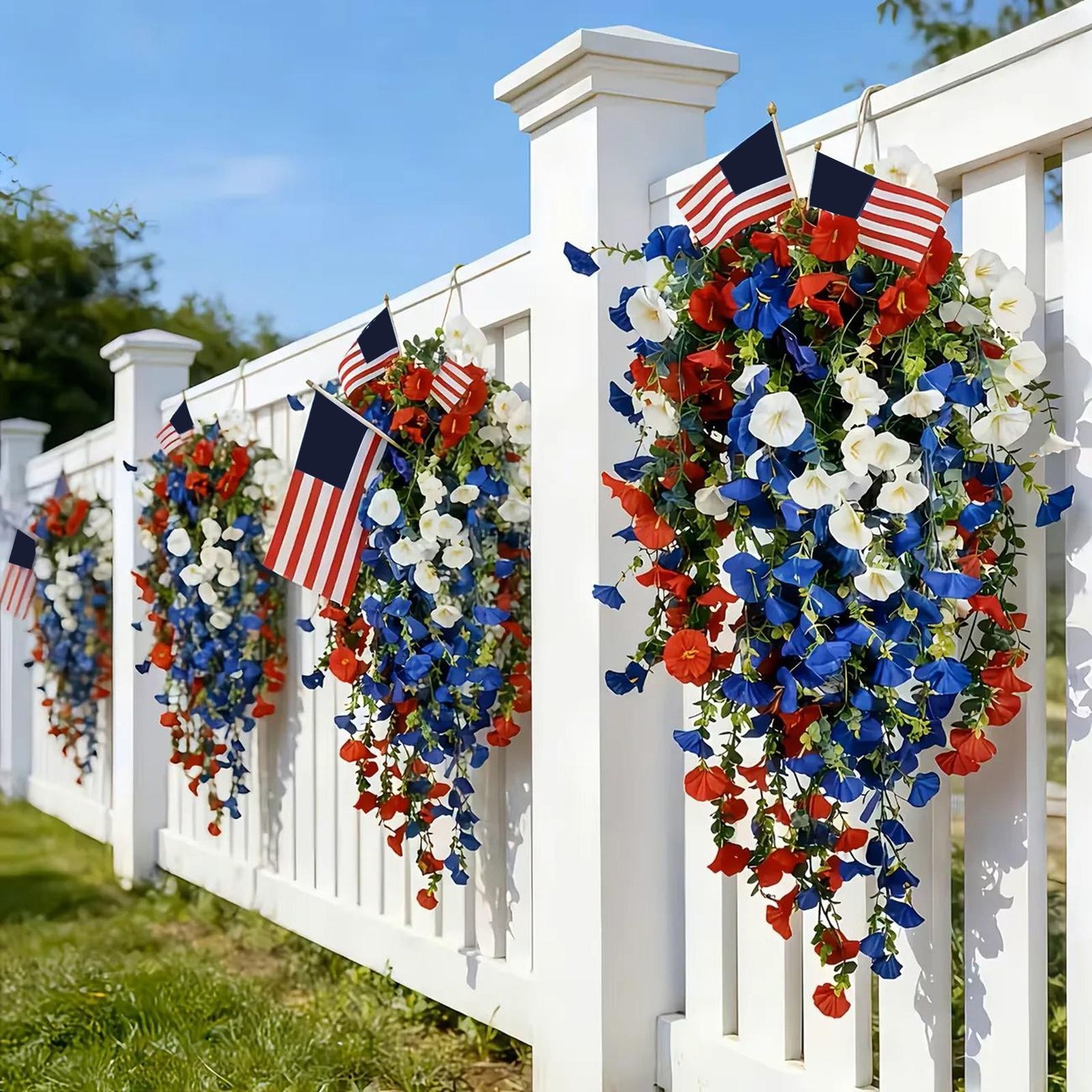2026 Red White Blue Hanging Flowers Patriotic Faux Basket 4th July Porch Decor