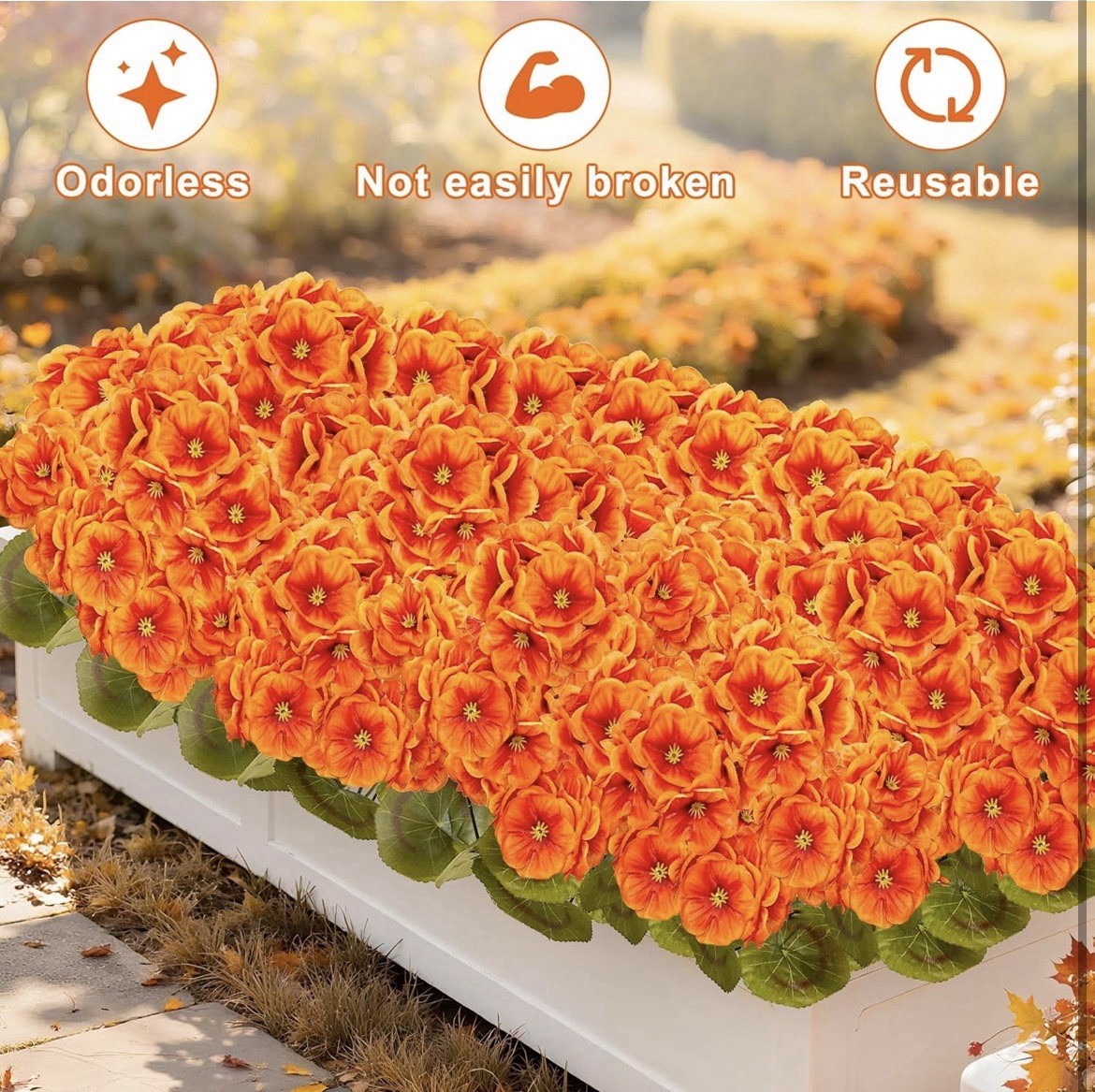 Artificial Fall Flowers Faux Geraniums Orange UV Resistant Outdoor (8 Bundles)