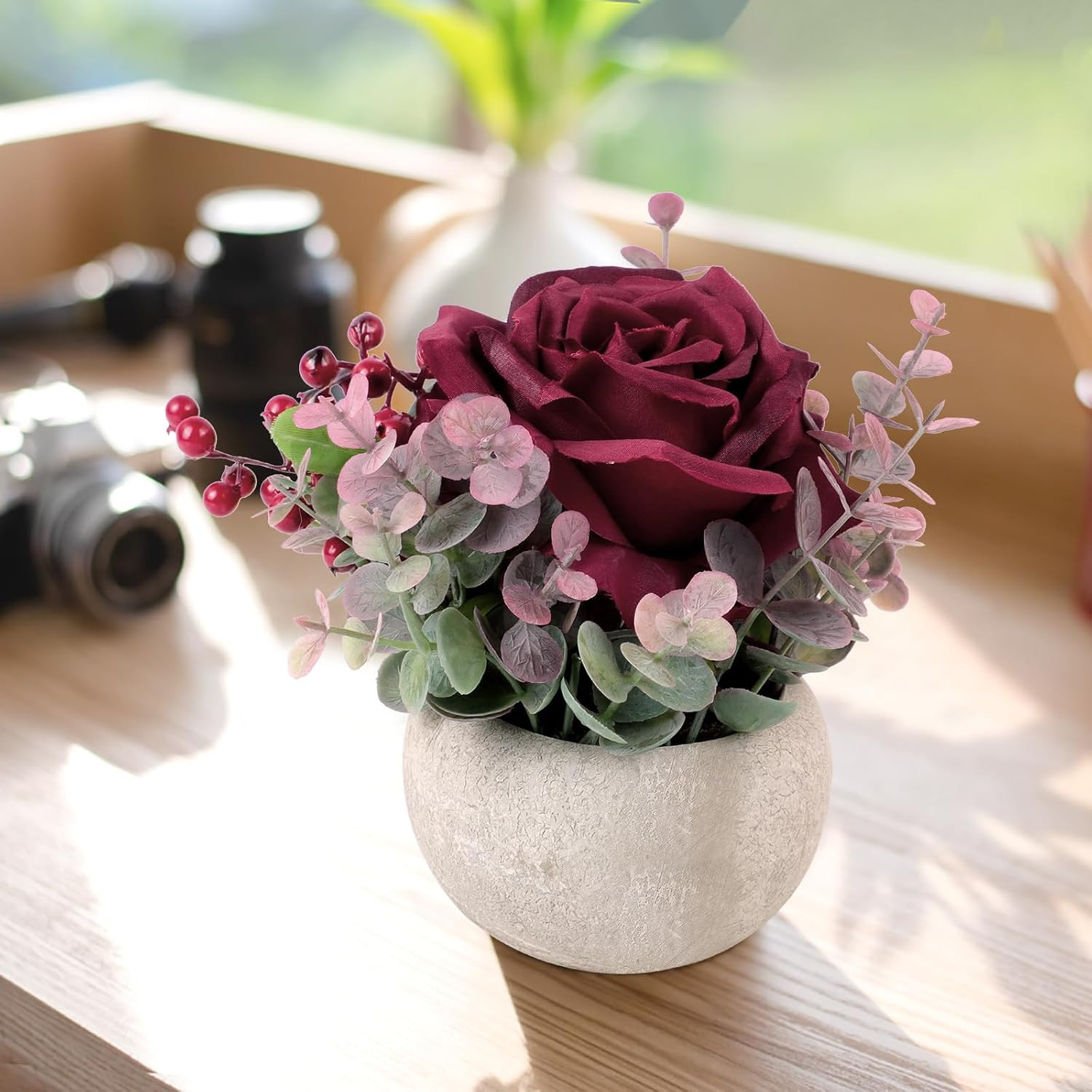 Faux Flowers in Pot, Burgundy Rose Artificial Flowers with Pot Small Potted Plan