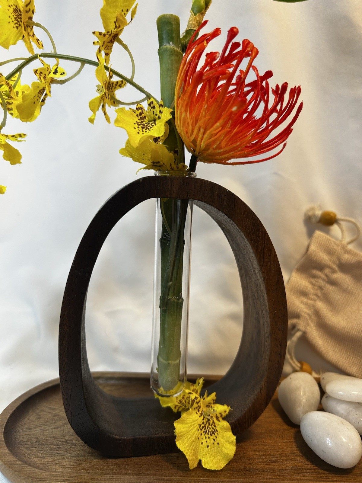 Silk Floral arrangement centerpiece, orchids, Bamboo Wood, Stones Asian Modern