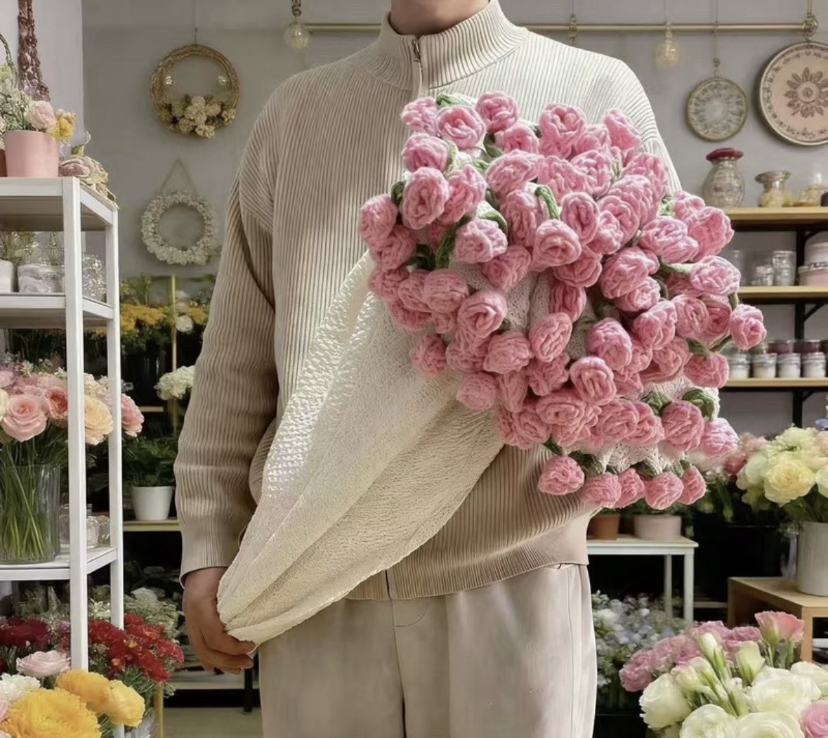 Artificial Yarn Rose Flower Bouquet, Multicolor, Diameter 23.62 in