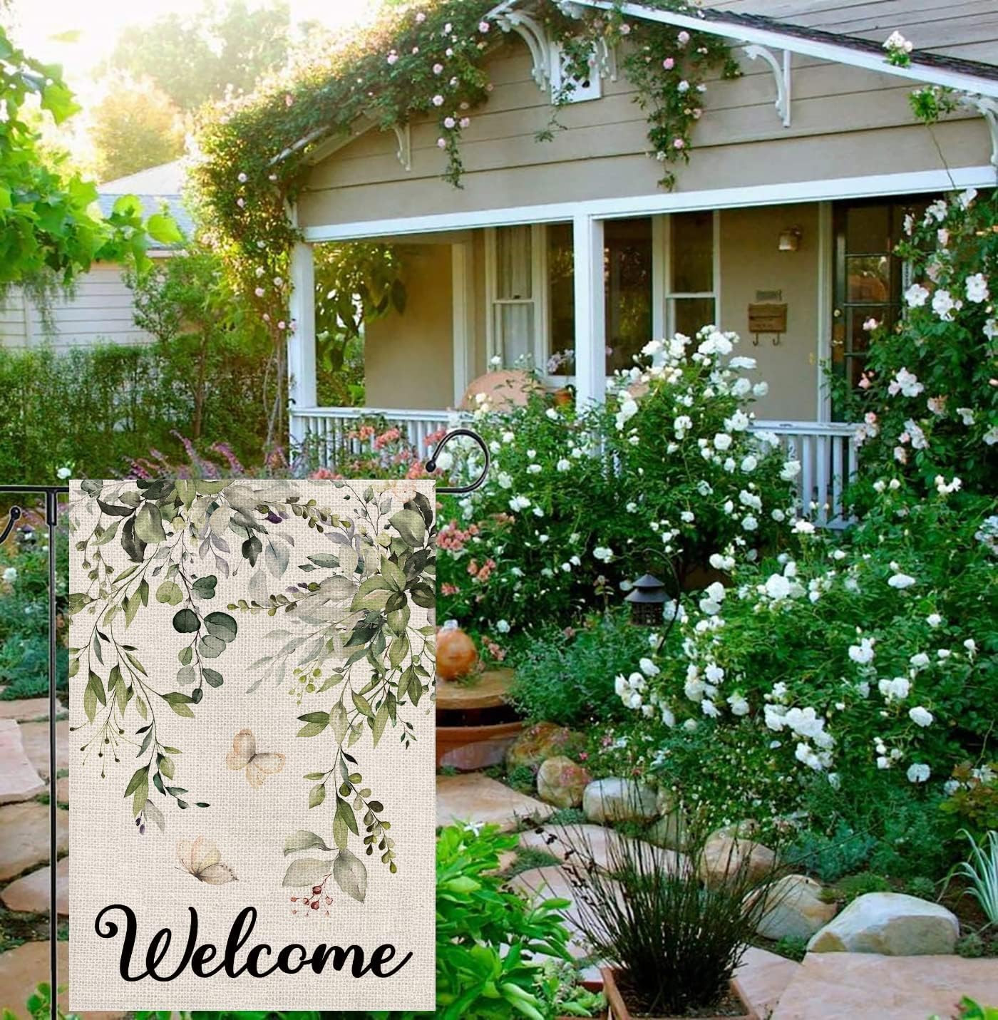 Welcome Green Plants Floral Butterfly Decoration Double Sided Burlap Garden Flag