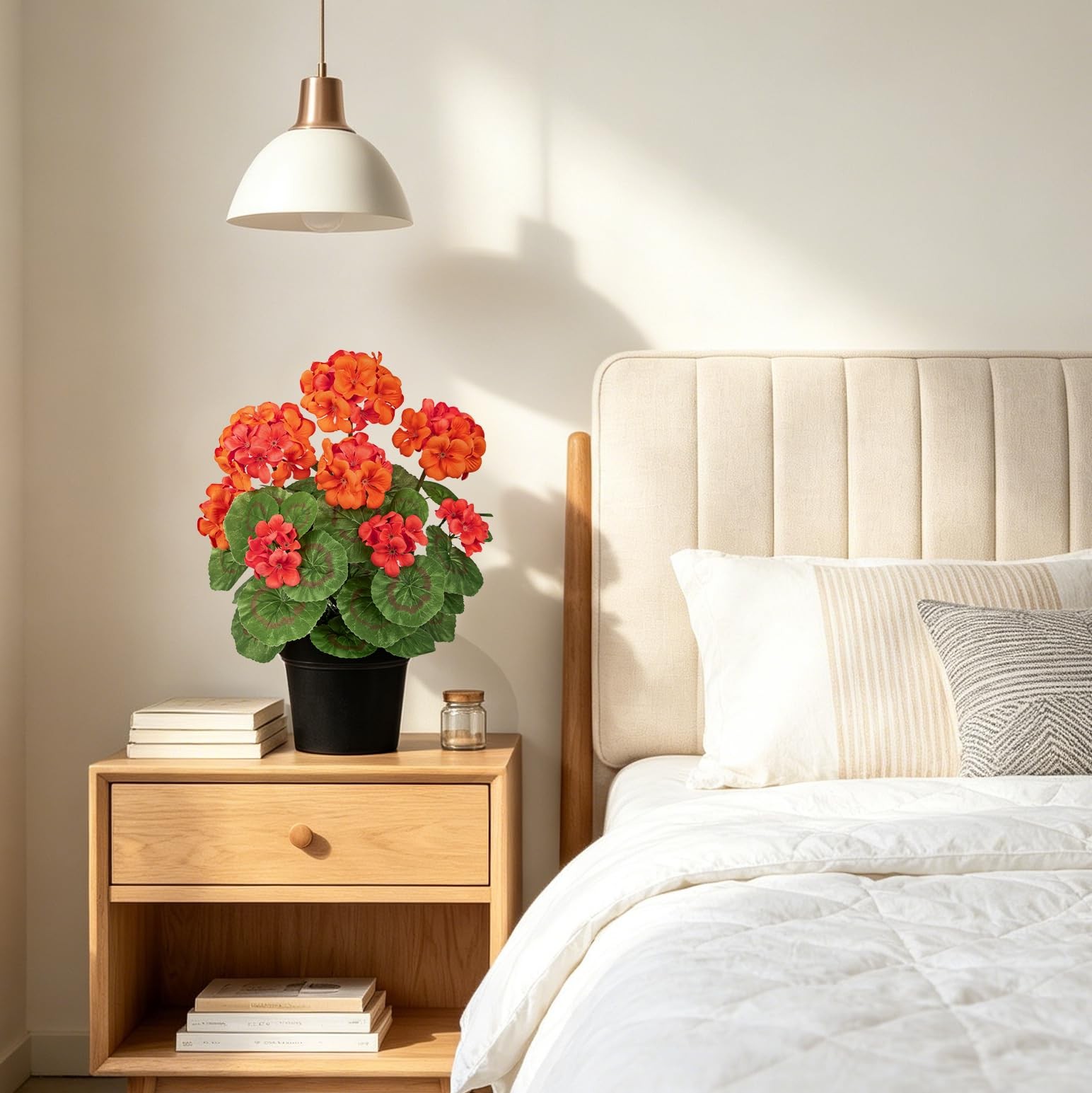 15.7in Artificial Geranium Plant in Black Pot, Orange Faux Potted Flowers, Re…