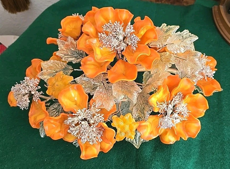 Art Glass Orange Flower Arrangement Peony Bonsai Tree Centerpiece Murano? Italy